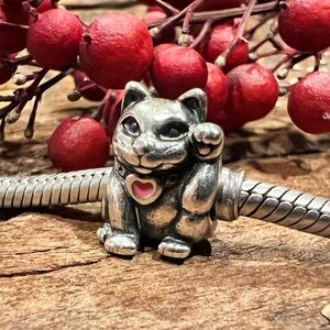 Authentic Pandora Charm Lucky Cat Bead Sterling Silver Kitty Animal Red Enamel